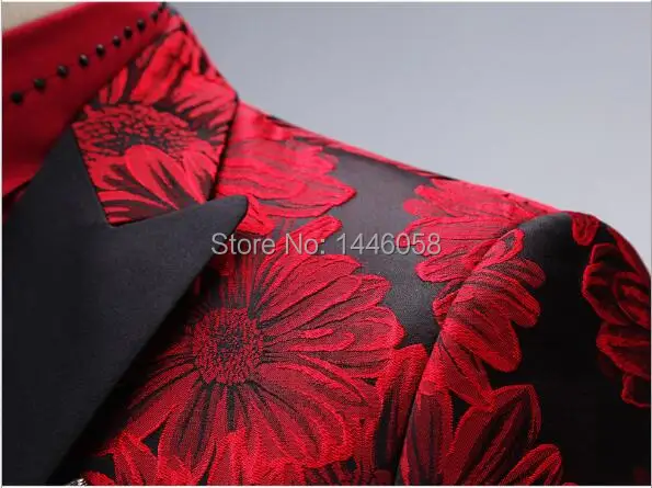 Costume Homme Red Printed Double Breasted Suits For Men Terno Masculino Men's Tuxedo Prom Party Suits Floral Wedding Groom Suit