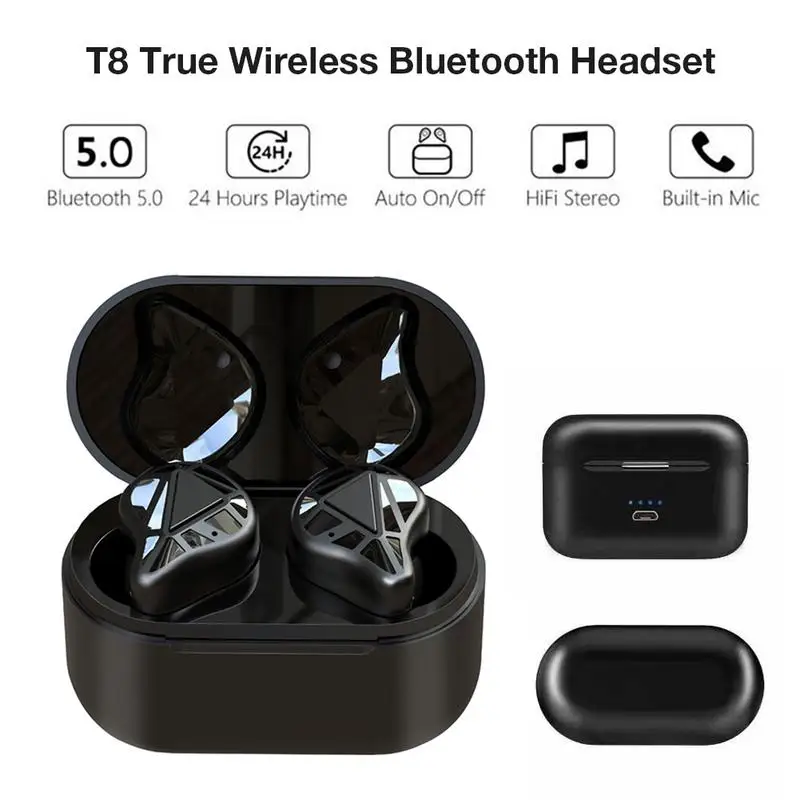 

T8 Auto Pairing Bluetooth Earphone 5.0 True Wireless Headset TWS Earbuds HiFi BT 5.0 with Charging Box