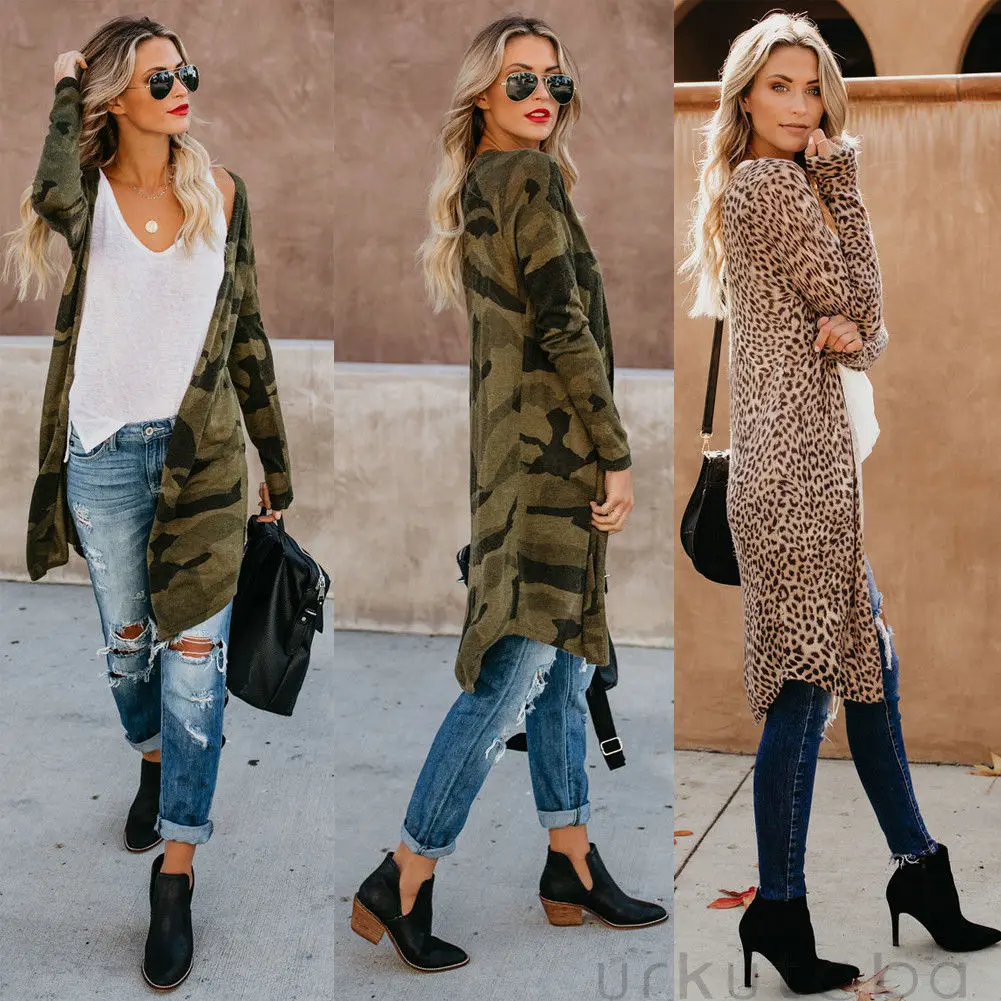 

2019 Spring New Women Ladies Fashion Casual Comfy Leopard Camo Spring Coat Long Jacket Outwear Tops Kimono