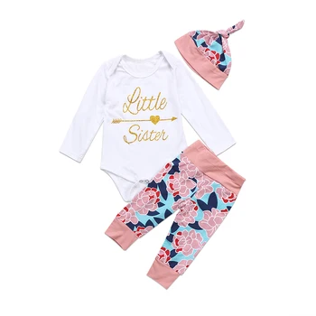 

2019 Infant Newborn Baby Girls Clothes Suit Floral Littler Sister Tops Long Sleeve Bodysuit Pants 3Pcs Outfits Set Autumn New