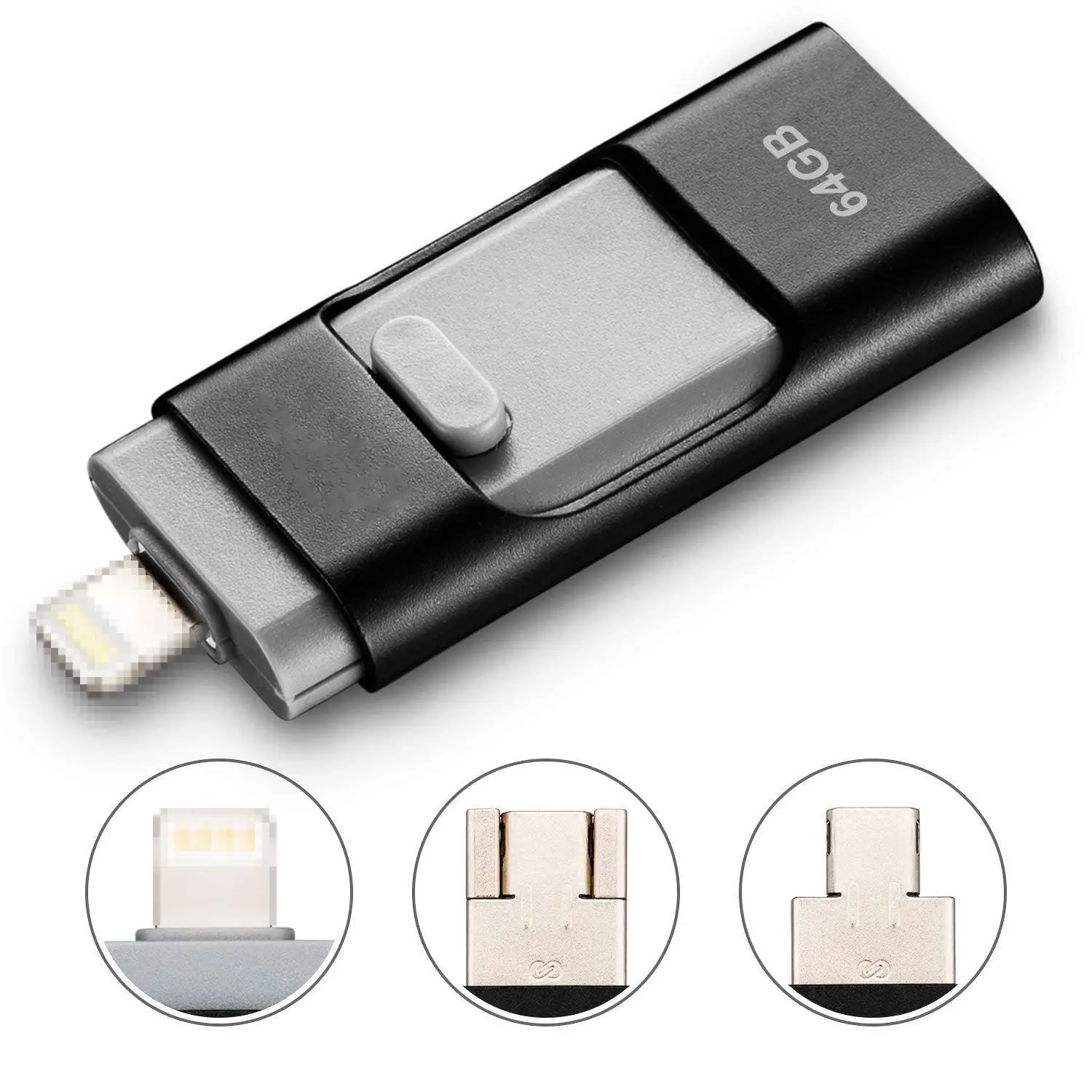 

Phone USB Flash Drive 64GB, 3in1 OTG, iPad Memory Stick, iOS External Storage Expansion for iOS Android PC Laptops (Black)