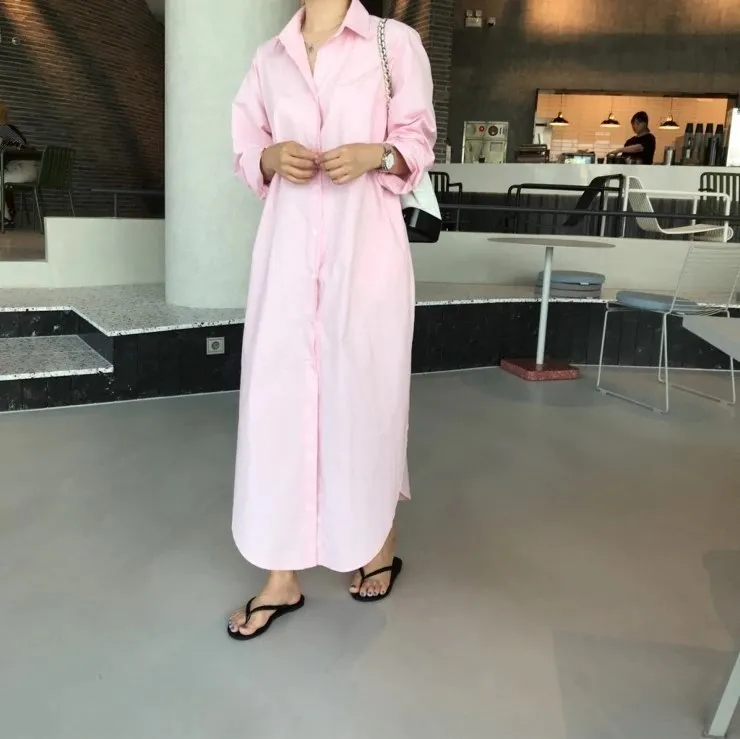 

Spring Fashion Loose Turn-Down Collar Shirt Dress Solid Women Long Sleeve Casual Long Dress