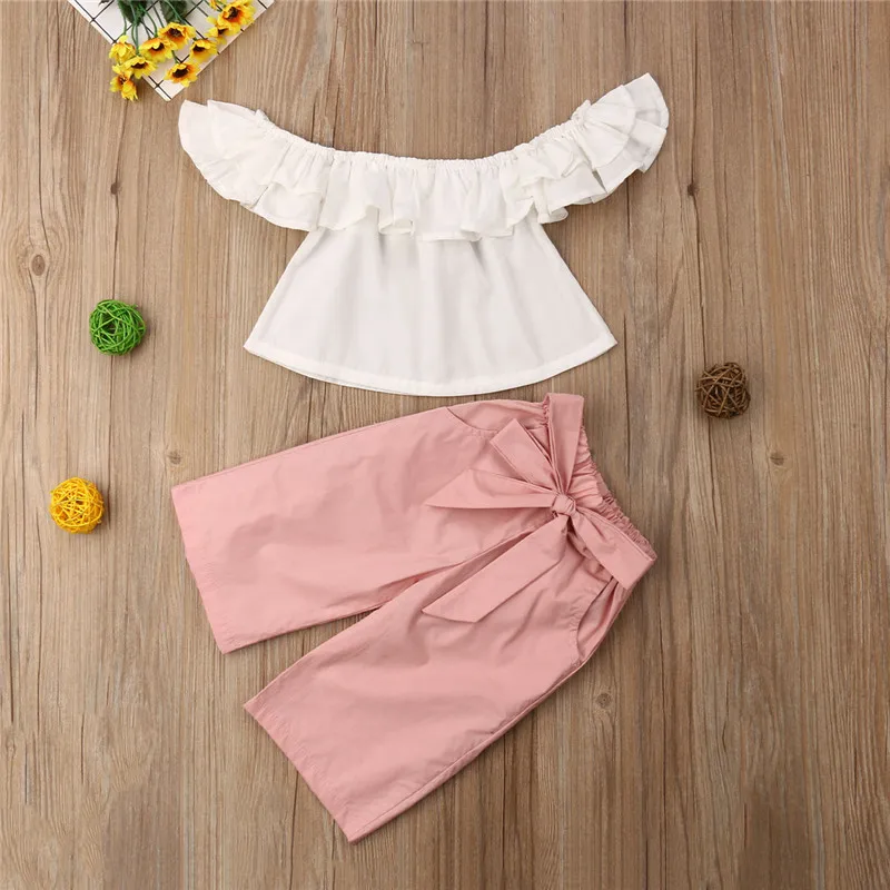 

PUDCOCO Fashion Toddler Baby Kid Girl Off-shoulder Tops Tee+Wide Leg Pants Child Girl Casual Clothes Pop Party Outfit 1-4T