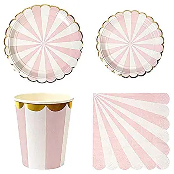 

Disposable Dinnerware Set - Serves 16 -Striped Party Supplies - Includes Dinner Plates, Dessert Plates, Napkins, Cups(Pink)