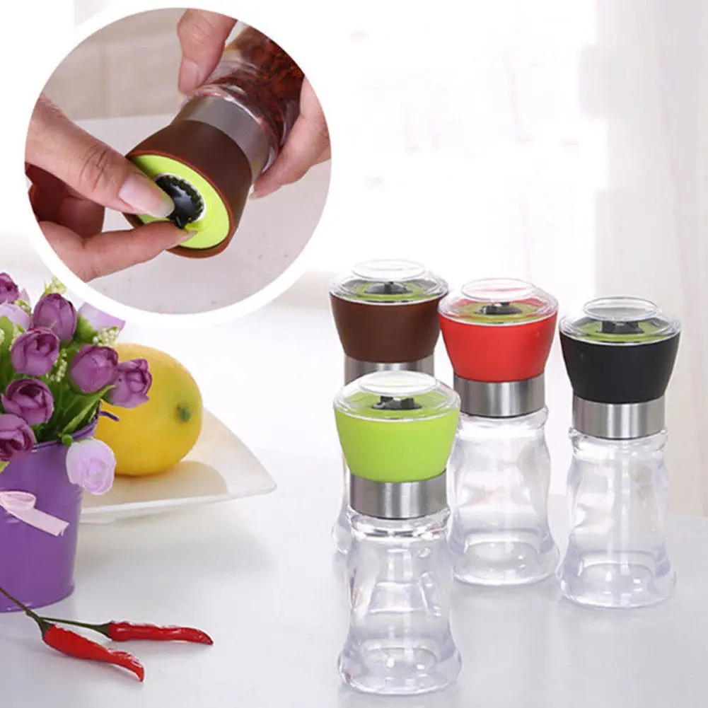 1Pcs Pepper Salt Grinder Set Mill Brushed Stainless Steel Kitchen Glass Bottle Mills Manual Pepper Grinder