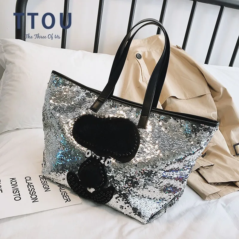 

TTOU Women Faux Fur Handbag Fashion Rivet Tote Bag Sequined Shoulder Bag Female Large Shopping Bag Cute Cartoon Pattern Bag