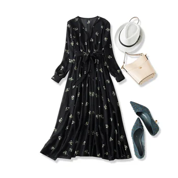 

19 Summer New Amazing the Time! Romantic Small Floral Print V-neck Lace-up Waist Long Chiffon Dress