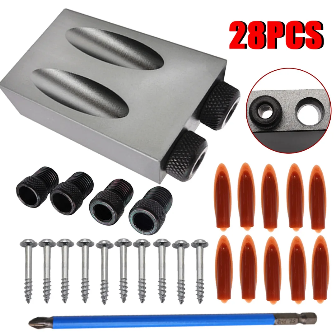 

28pcs Wood Pocket Hole Screw Jig 15 Degree with Dowel Drill Set Aluminum Alloy Wood Joint Tool for Home Woodworking DIY