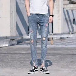 2019 Весна и лето новый тренд Корейская версия пара повседневная мода стрейч тонкий спортивный отверстие печати джинсы хип хоп Лучшие