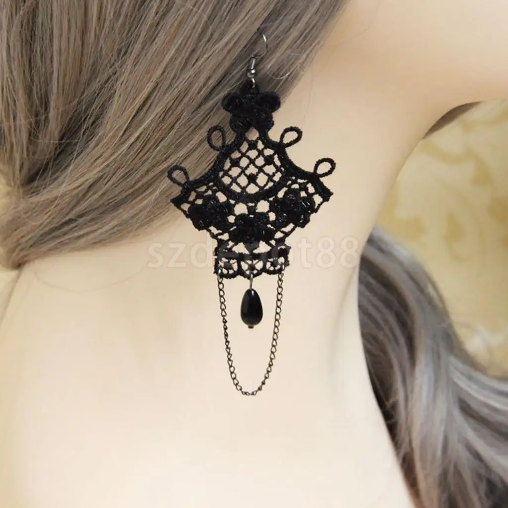 

1 Pair Vintage Punk Style Black Lace Drop Hook Long Earring Gothic Women Accessory