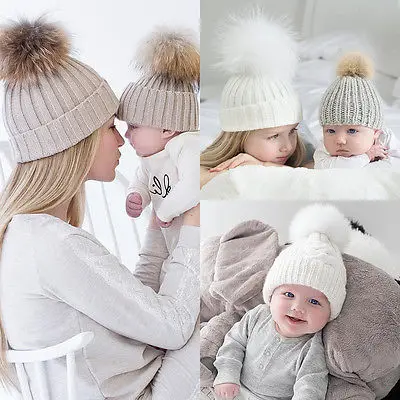 Adorable 2PCS Family Matching Outfits Mom Mother+Baby Knit Pom Bobble Hat Kids Girls Boys Winter Warm Beanie Caps