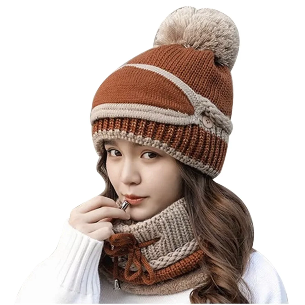 Зимняя женская шапка шарф маска воротник шерстяной вязаный шапочка с помпонами шапка толстый теплый шарф Балаклава Защита лица