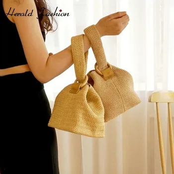 

Herald Fashion Ring Buckle Woven Handbags Simple Summer Beach Bag Small Knitted Straw Tote Bag Casual Female Bucket Bag Bohemia