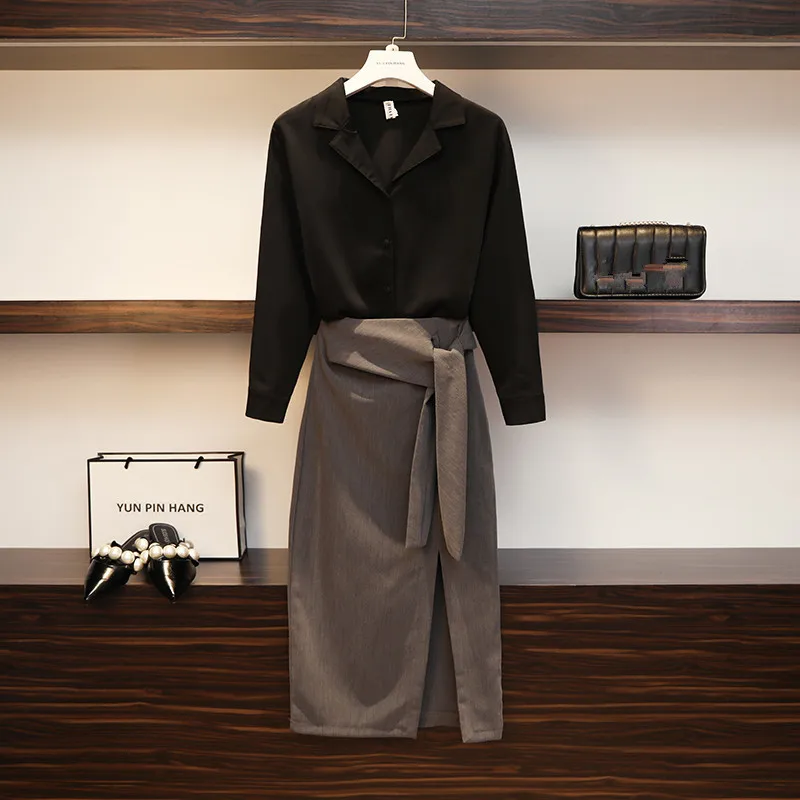 

Plus Size Office Ladies Summer Skirt Suits Formal Women Black Chiffon Ol Loose Shirt Tops + High Waist Bow Split Pencil Suits