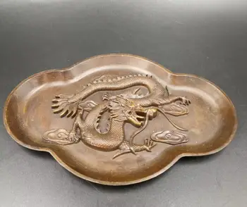 

Chinese pure brass dragon tray Furnishing articles statue