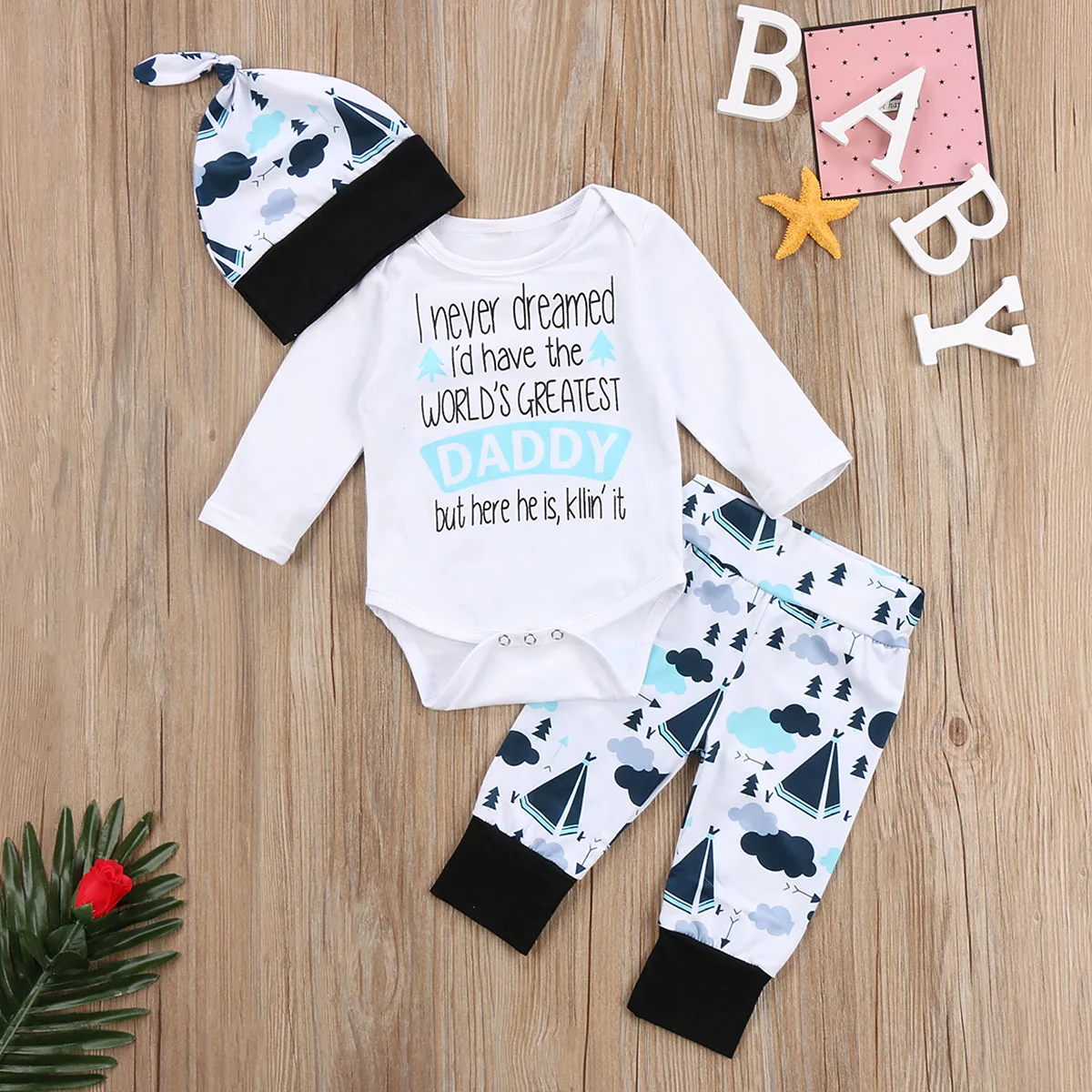 

3 Pcs Baby Girl&Boy Clothes Infant Greatest Daddy Letter Print Romper+Long Pants+Hat Newborn Clothes Cotton Clothes Outfits