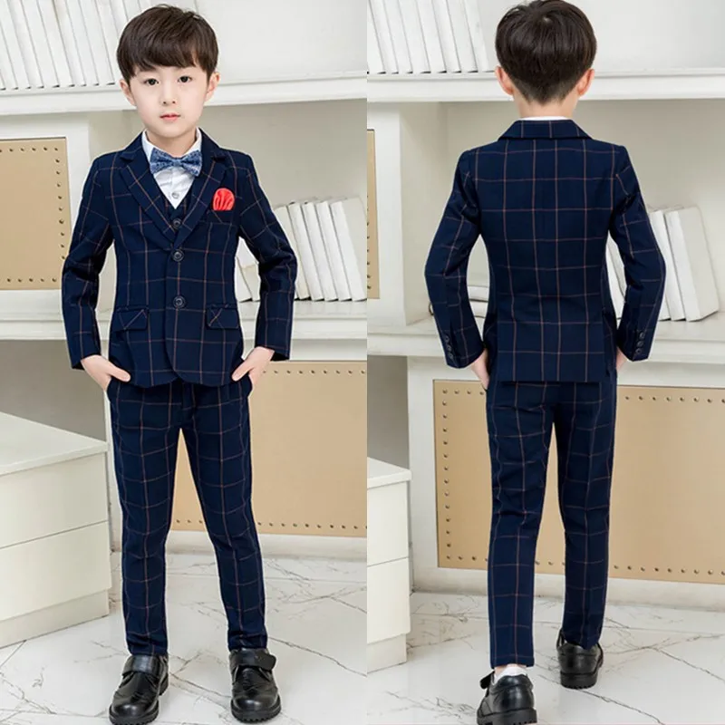 

Flowers Boys Formal Suit Wedding Campus Student Dress Gentleman Kids Plaid Jacket Vest Pants Bowtie 4Pcs Ceremony Costumes,H118