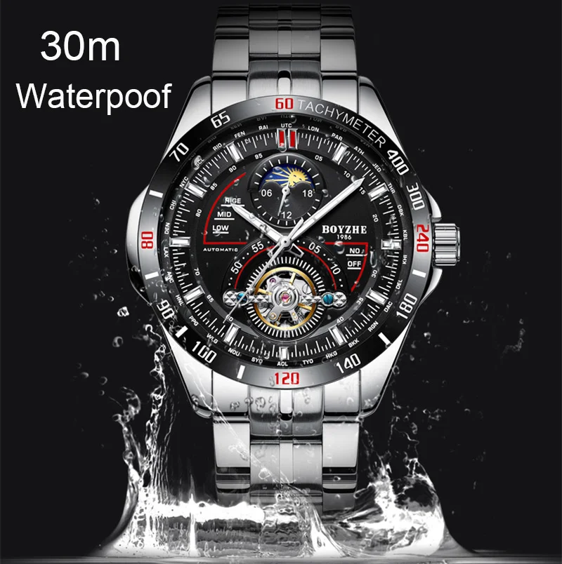 BOYZHE Men Automatic Mechanical Fashion Top Brand Sport Watches Tourbillon Moon Phase Stainless Steel Watch men\\x27s watch