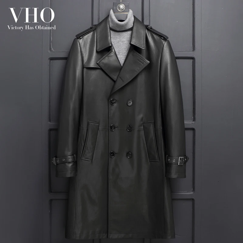 Discount VHO fashion casual natural real cow leather coats for men x-long double breasted leather dust coat genuine leather jacket 1