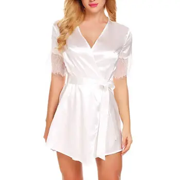 

Sexy Lingerie Women Silk Lace Robe Dress Babydoll Nightdress Nightgown Bathrobe Sleepwear Black Pink Red White