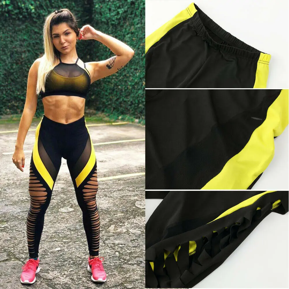 

2019 New Style Fashion Hot Women Butt Lift Pants High Waist Hollow Out Patchwork See Through Spots Yoga Trousers