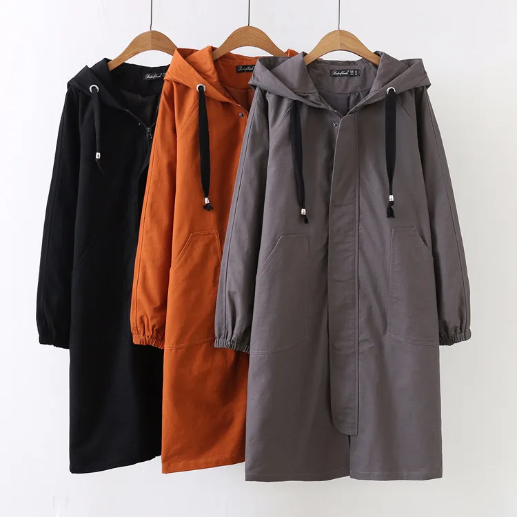 

Elegant Loose Trench Coat for Women Full Sleeve Long Designer Windbreaker Hooded Solid Autum Streetwear