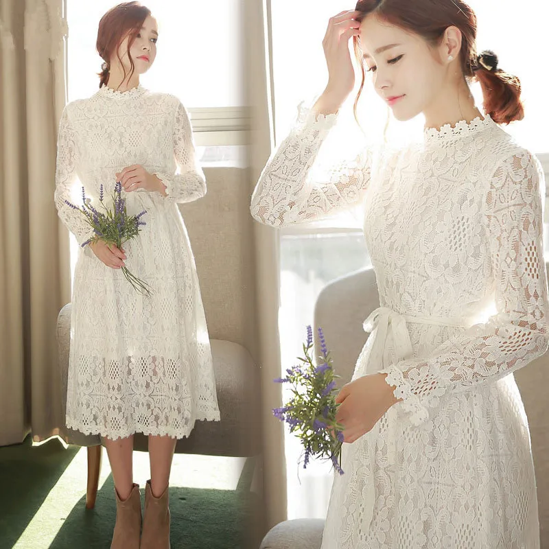 

2019 New Spring Autumn Dress Bow Full Sleeve Lace Long White Dresses