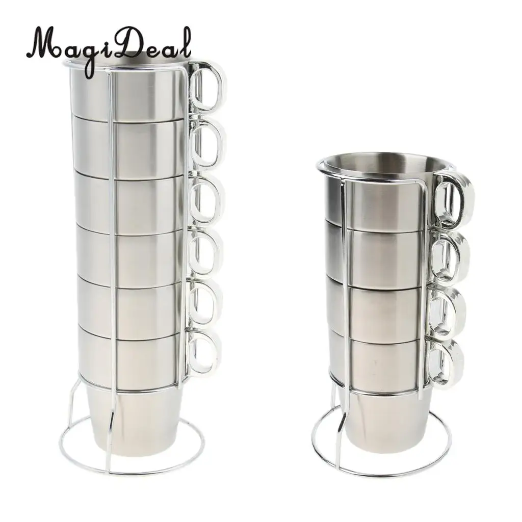 

Stainless Steel Cups Water Tea Coffee Mugs with Stackable Rack Holder Outdoor Camping Hiking Picnic Bar Home Use