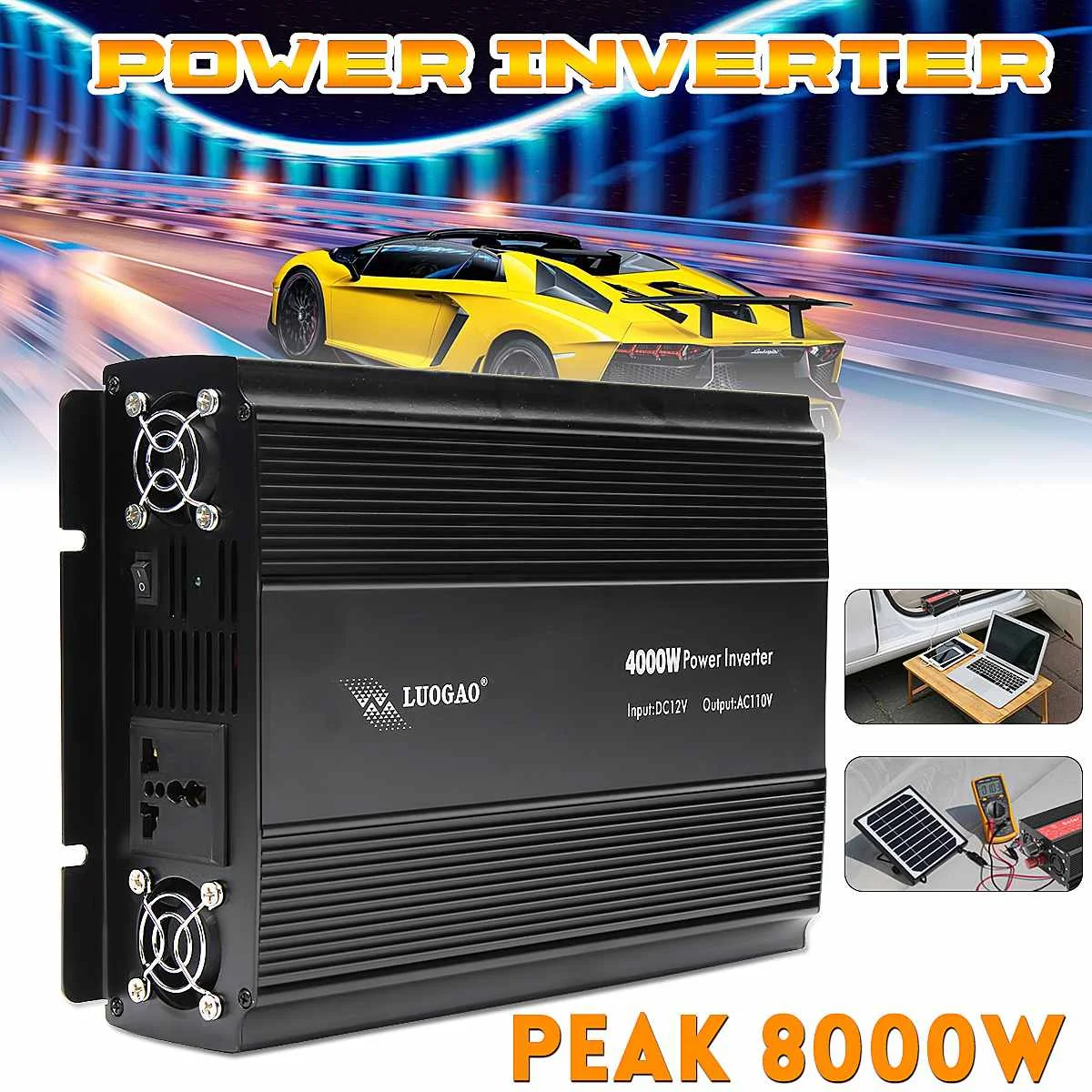 

Power Inverter Peaks 8000W 4000W DC 12V To AC 220V /110V Car Adapter CPU Charger Square Wave Modified Pure Sine with Cooling fan