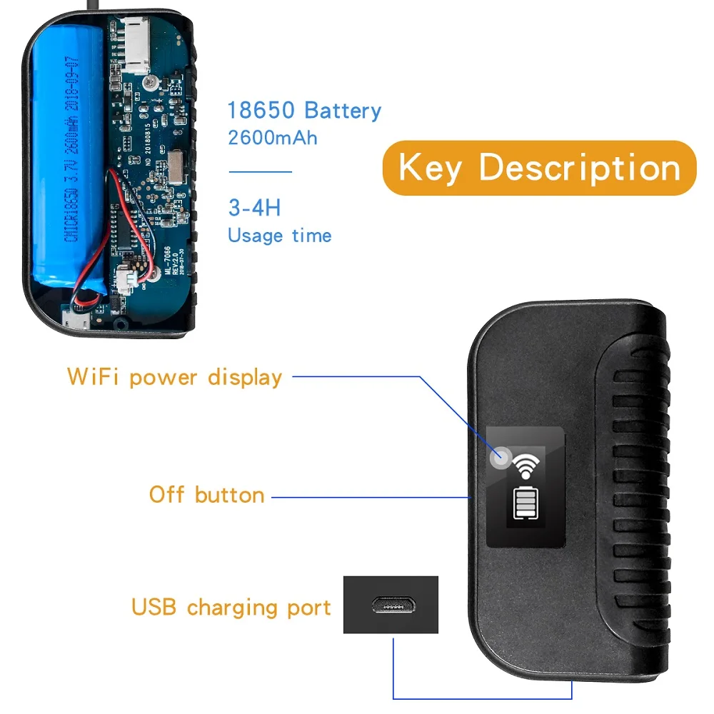 Водонепроницаемый светодиодный эндоскоп IP68 Wi Fi HD 2 м 1080P встроенный аккумулятор 6