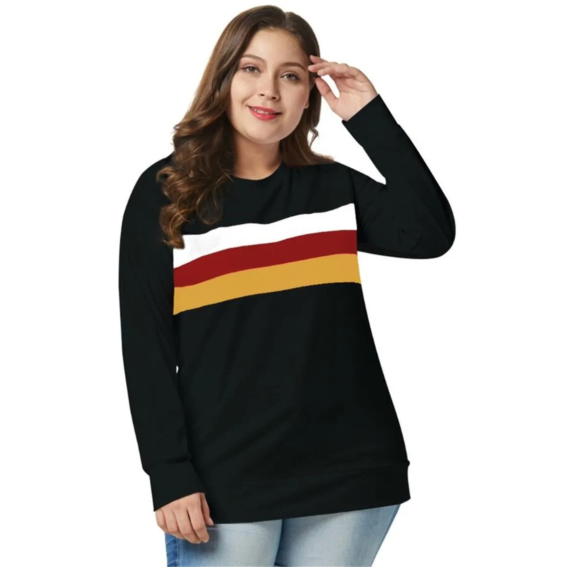 Plusee Plus Size Women T Shirt Autumn Striped Street Casual Basic Tops White Loose Fitness 