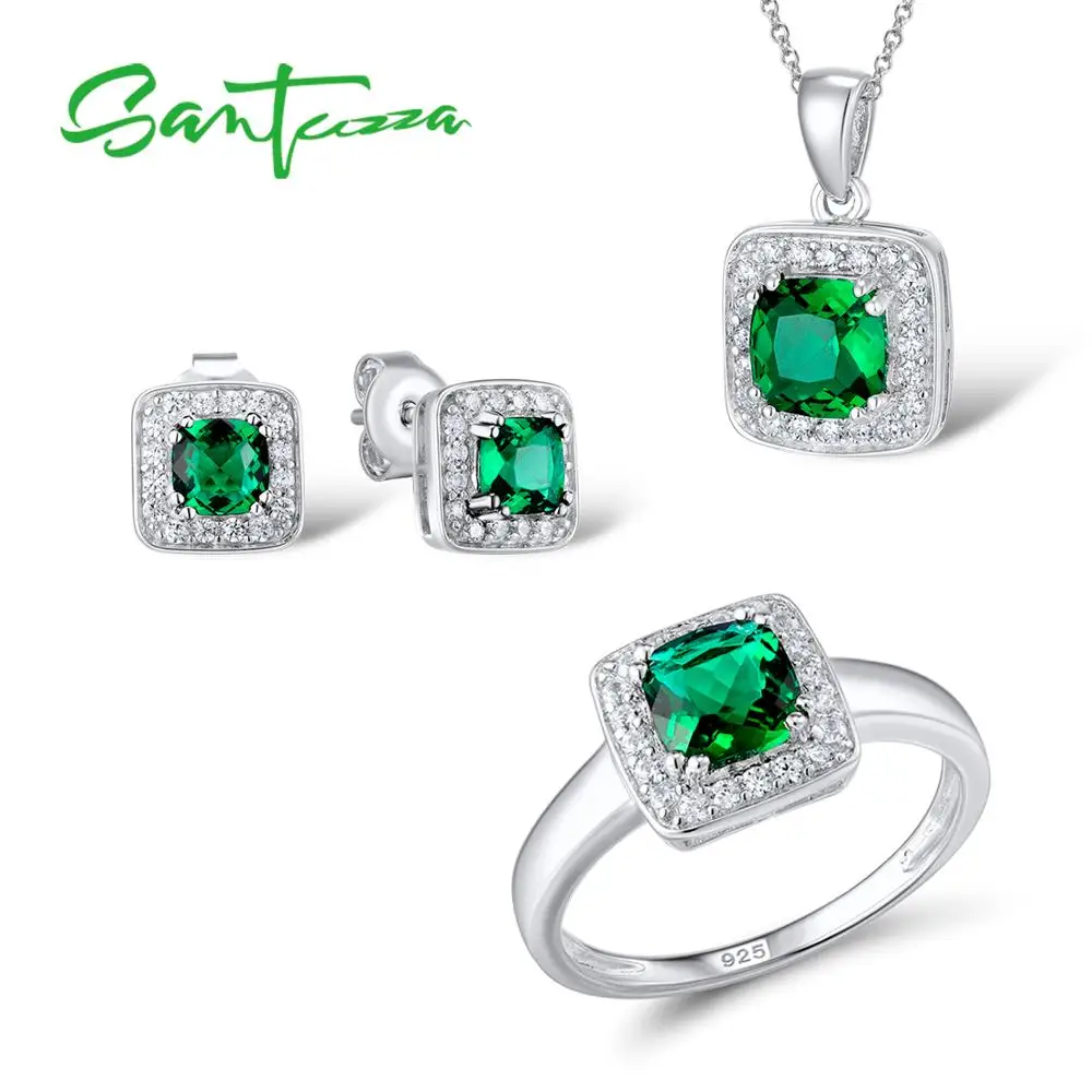 SANTUZZA Серебряный набор украшений для женщин сверкающий зеленый CZ квадратное кольцо серьги кулон набор 925 пробы Серебряное модное ювелирное изделие