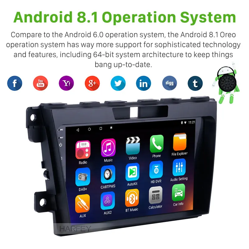 Excellent Harfey 2 Din 9" Android 8.1/9.0 Car Radio For MAZDA CX-7 2007 2008 2009 2010 2011 2012 2013 2014 GPS Multimedia Player Head Unit 1