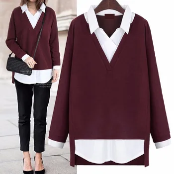 

New Pattern V Neck False Two Paper Long Sleeve Shirt Tshirt Women