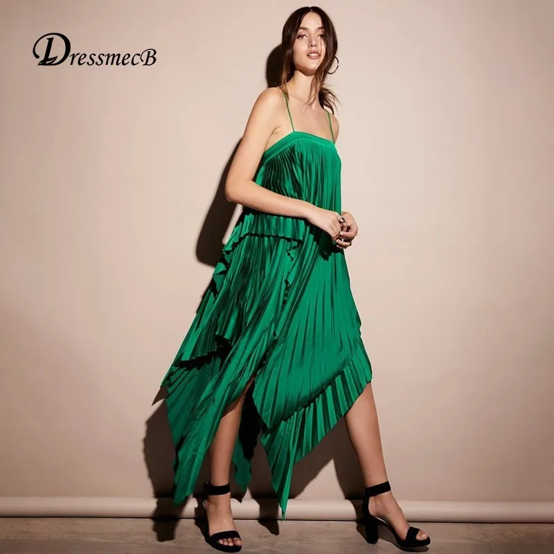 

DRESSMECB Spaghetti Strap Midi Summer Dress Women Sleeveless Ruffle Irregular Party Dress Chiffon Sexy Green Dress 2018 Vestidos