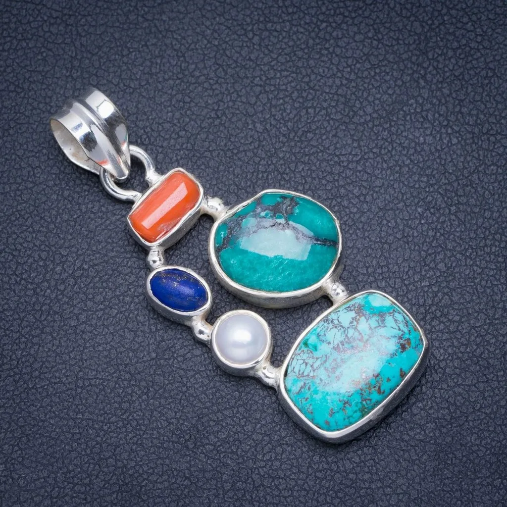

Natural Turquoise,River Pearl,Red Coral and Lapis Lazuli 925 Sterling Silver Pendant 1.75" A0033