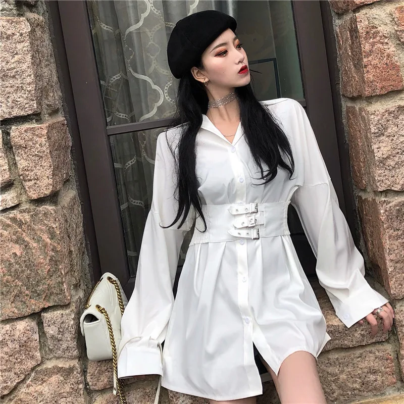 

#5322 Spring 2019 Long Shirt For Women White/Black Plus Size Chic Blouse Female With Belt High Quality Casual Tunic Dress Ladies