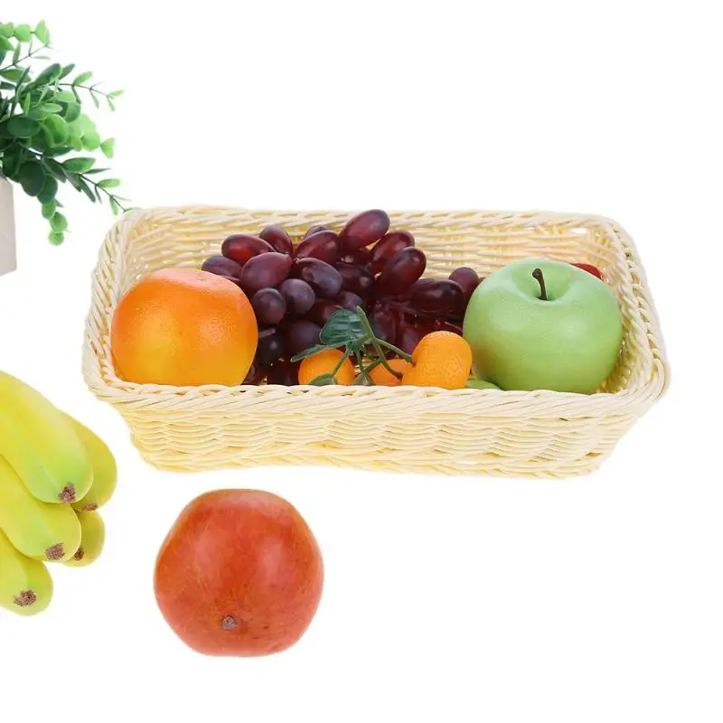 

Handmade Square Woven Wicker Basket Storage Box Fruit Container Iron Frame Imitation Rattan Bread Food Holder