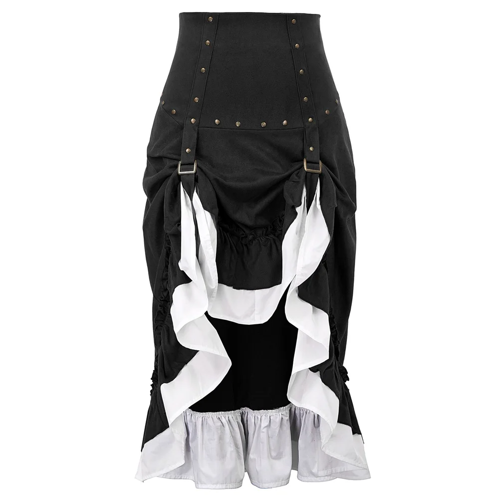 

Women gothic skirt vintage retro Steampunk Victorian Studs Decorated Ruffled Irregular High-Low Skirt womens club party skirts