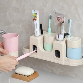

Toothbrush Holder Natural Wheat Straw Anti-Dust Case with 3 Cups Toothpaste Container Set Wall Mounted Storage for Families