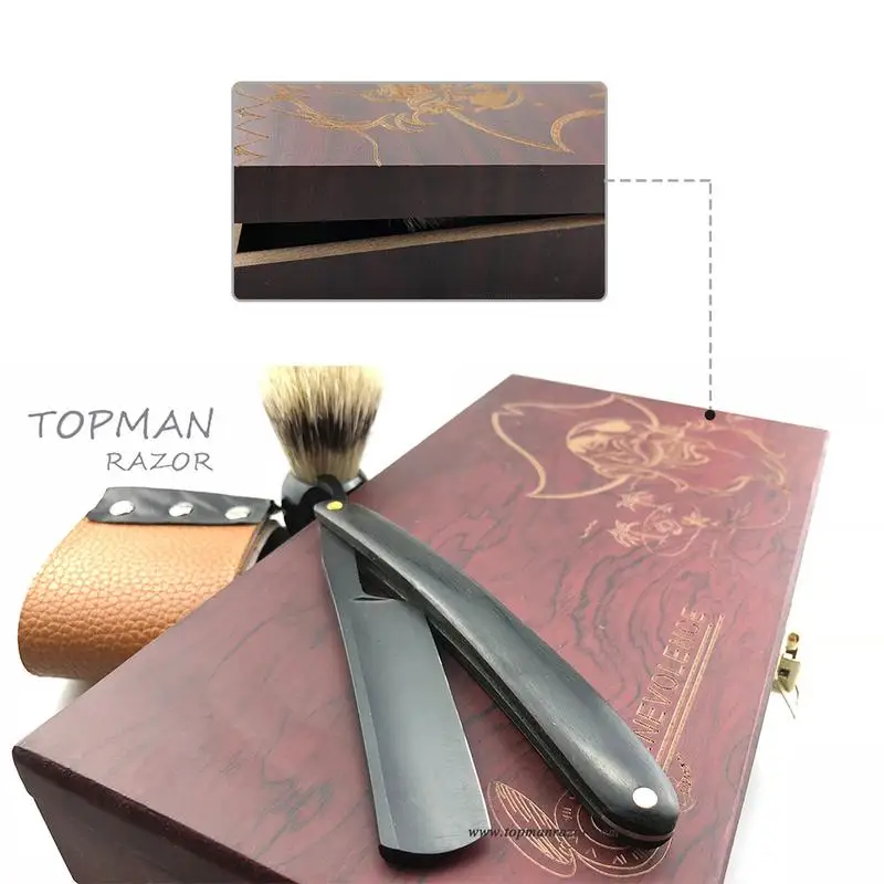 عالية الجودة مستقيم الحلاقة مع خشبية مجموعة صناديق 3 في 1 ريترو ماكينة حلاقة للرجال مع مستقيم الحلاقة الجلود شحذ الحلاقة فرشاة