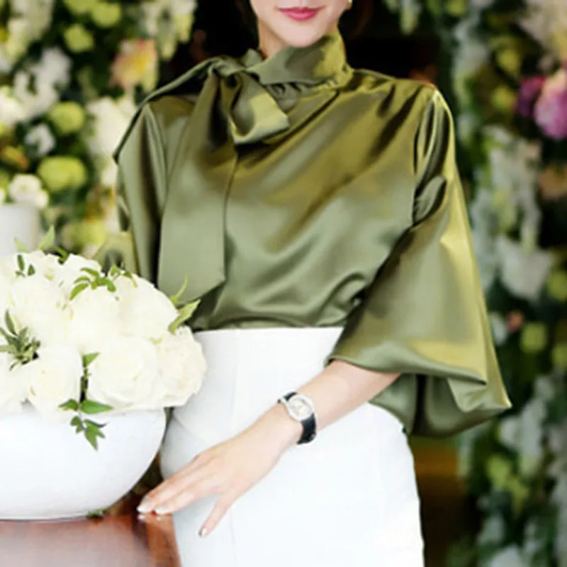 

Ladies wedding party elegant shirts Vintage Satin Lantern Sleeve Shirt Bow Tie Neck Loose solid color women Blouse Tops