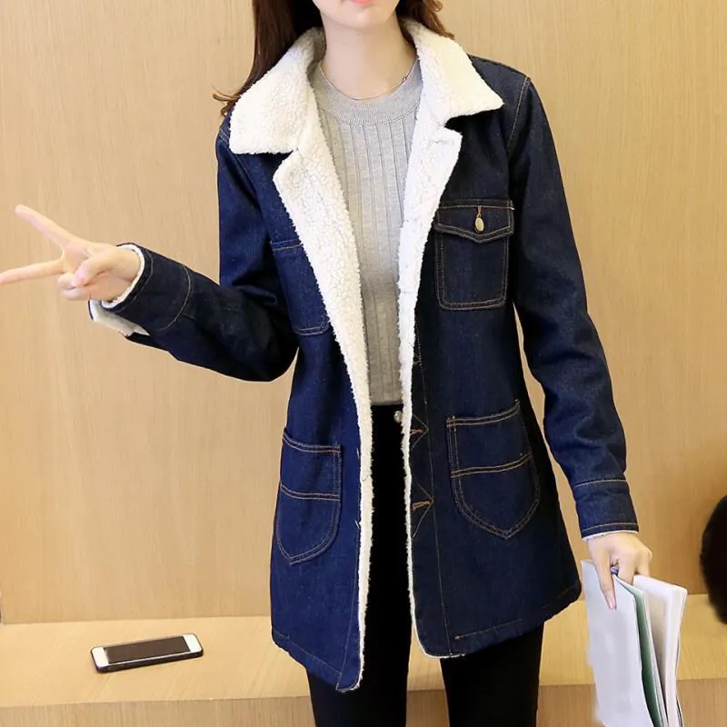 Longues Veste Chaud Hiver Automne Jeans Nouveau Bleu Agneaux Pour Poches 2019 Épais Manteau Denim Femmes Manches wqzAw4fx