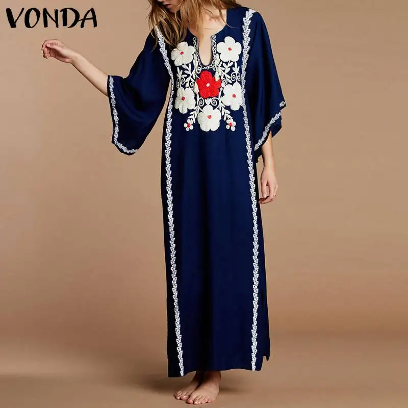 VONDA النساء الأزهار طباعة اللباس 2019 الخريف مثير V الرقبة مضيئة كم طويل حزب فساتين زائد حجم الرجعية عطلة Vestido الإناث