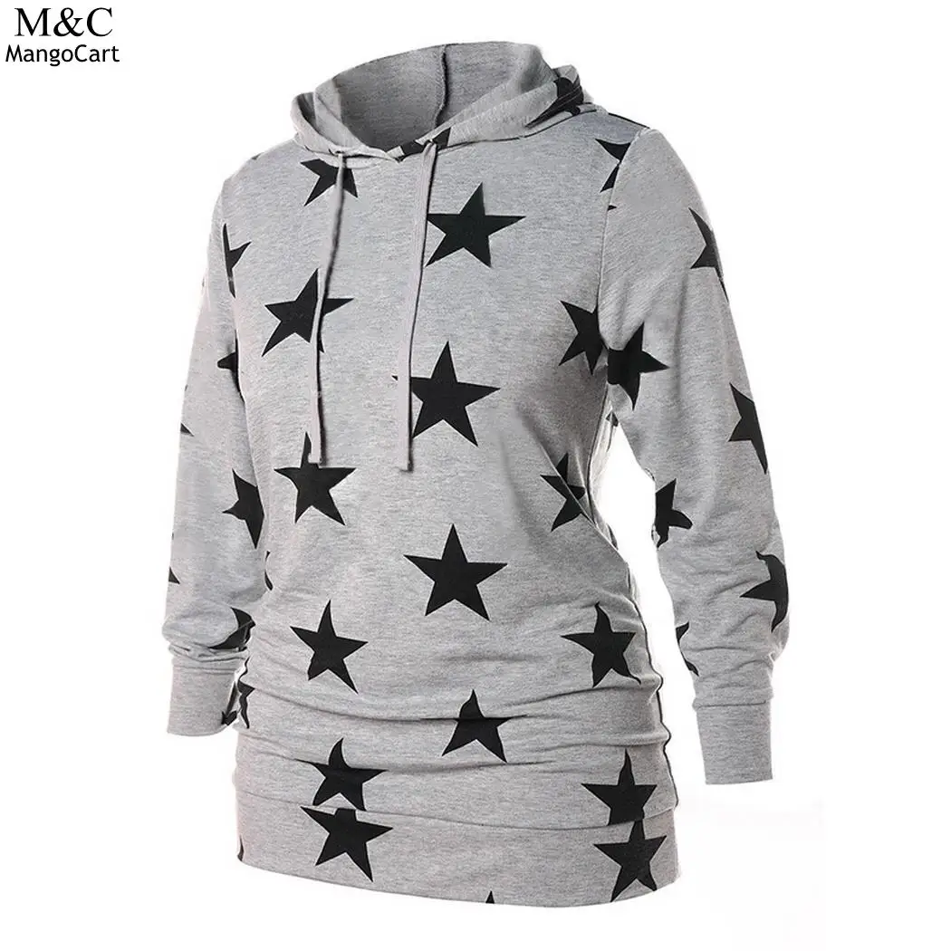 Women Casual Long Sleeve Hooded Loose Sweatshirt Sleeves Pentagram Print Autumn Spring Gray | Женская одежда
