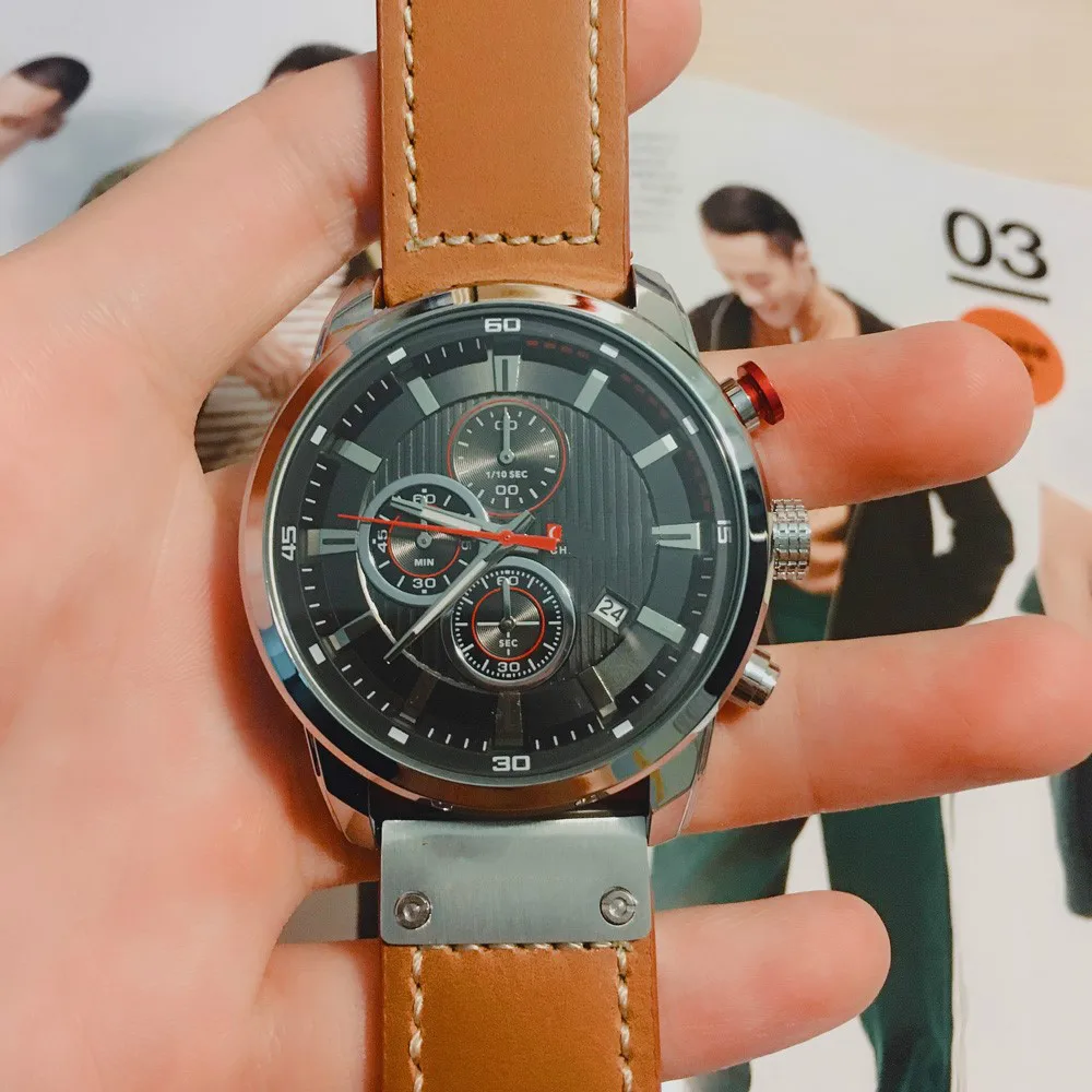 

New fashion business men's sports watch belt calendar six-pin chronograph men's watch