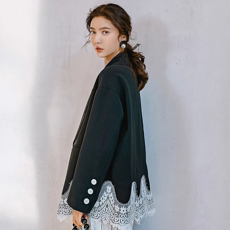 Couleur Q003 Bureau Black De Patchwork Ourlet Veste 2019 Blazers Design Dentelle Personnalité Contraste Femme Style Mode Nouveau IE92WHD