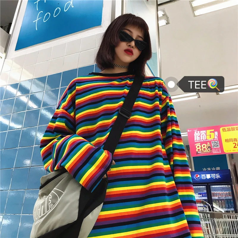 

streetwear neutral New ulzzang korean Women's Clothing autumn plus size couple Harajuku Rainbow stripes oversize full T-Shirts