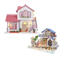 2 комплекта 1:24 кукольный домик Миниатюрный DIY праздник пляжный дом с мебельный набор, миниатюрный деревянный кукольный домик