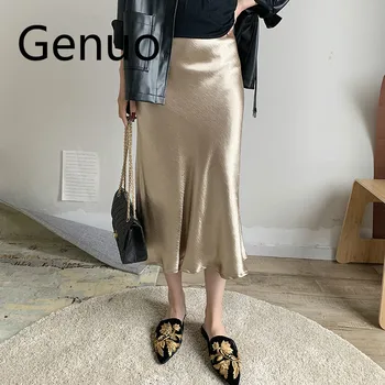 

Women Summer glossy satin trumpet Skirts high waist skirt Silver gold midi skirt Metallic Color party skirts bottoms